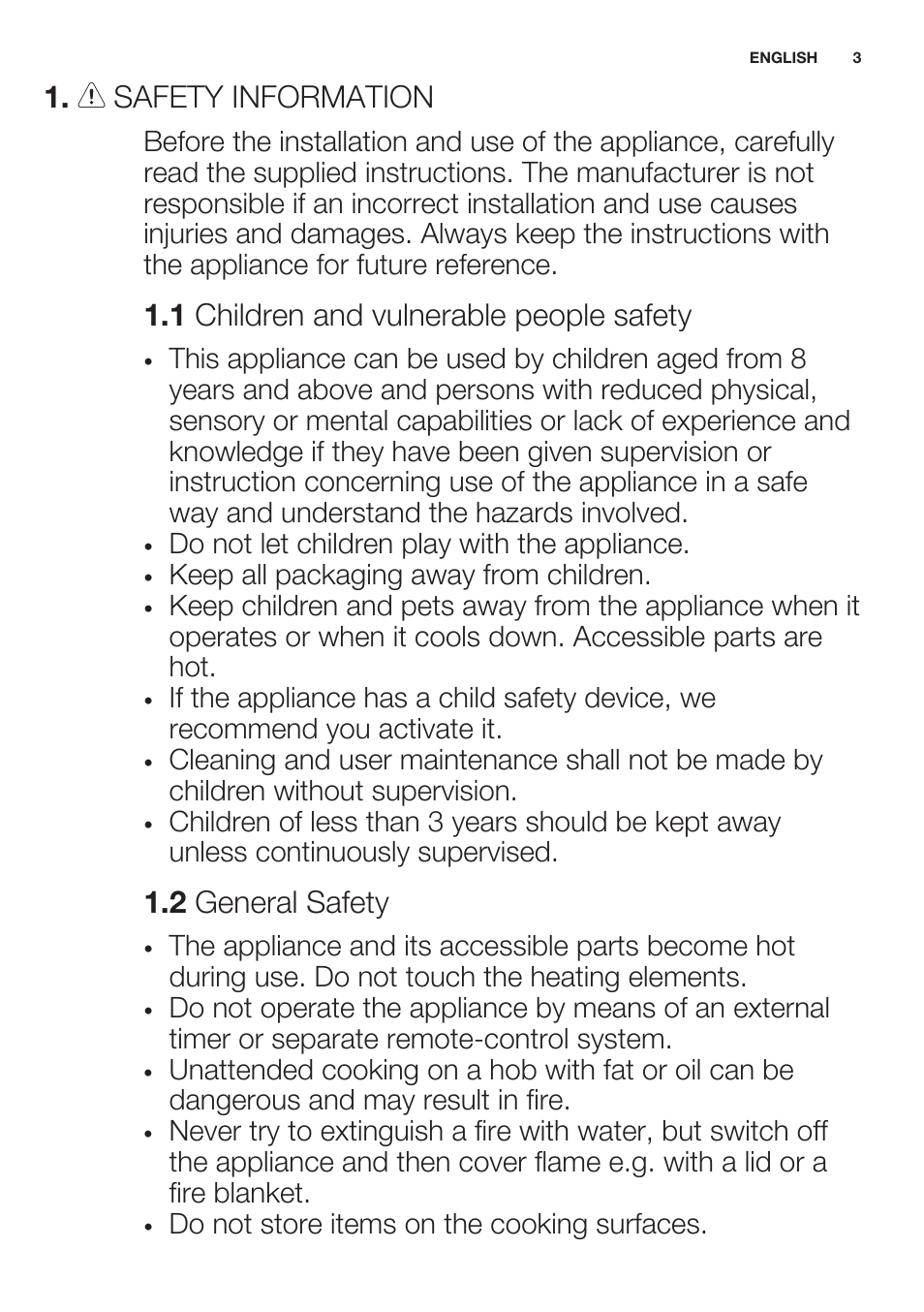 Safety information, 1 children and vulnerable people safety, 2 general safety | Electrolux EGG7253NOX User Manual | Page 3 / 52
