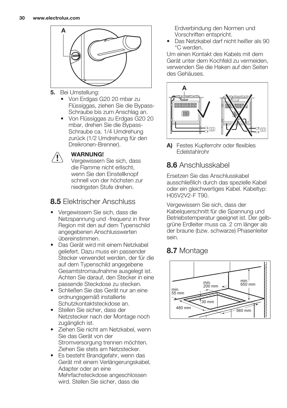 5 elektrischer anschluss, 6 anschlusskabel, 7 montage | Electrolux EGG7253NOX User Manual | Page 30 / 52