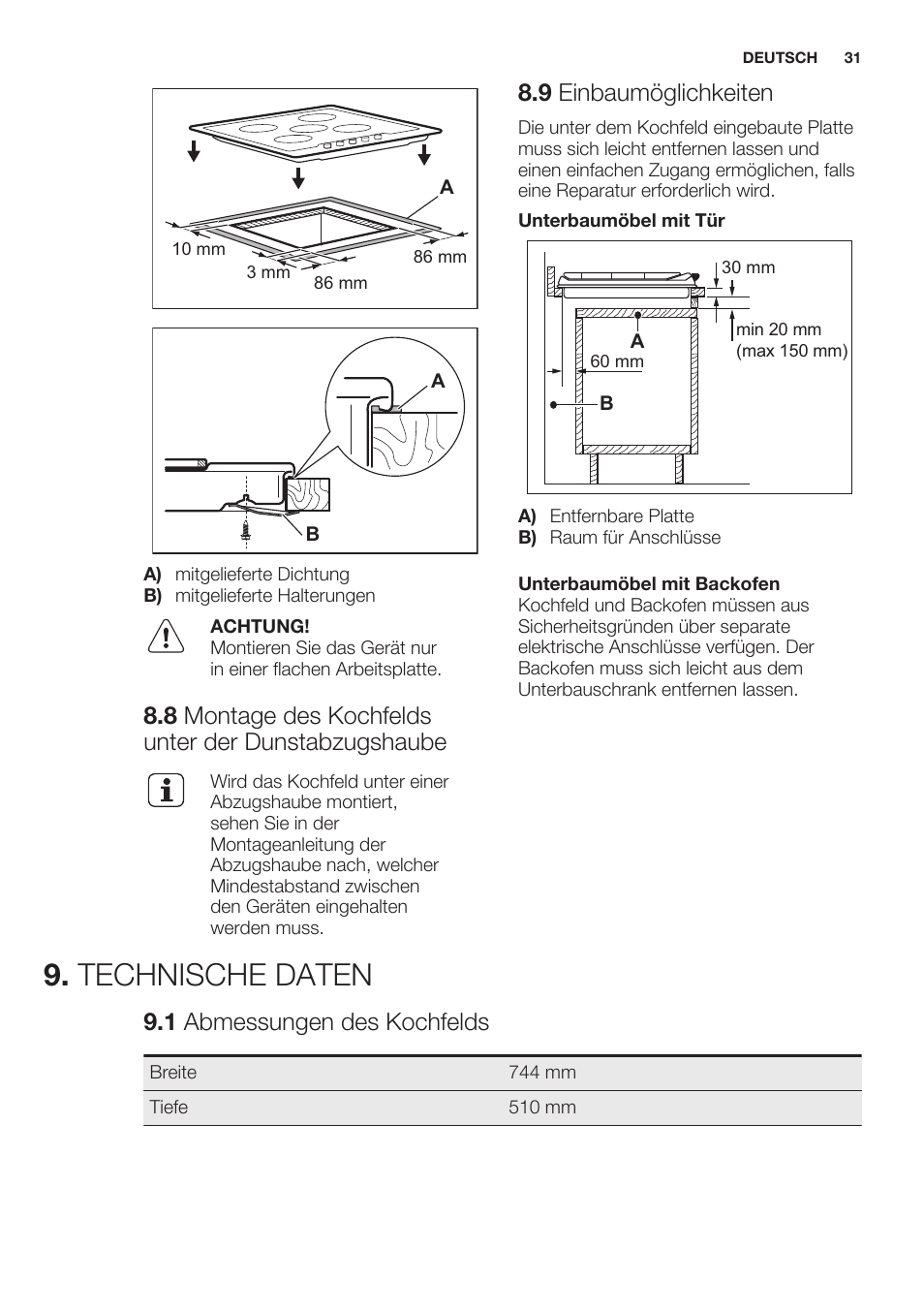 8 montage des kochfelds unter der dunstabzugshaube, 9 einbaumöglichkeiten, Technische daten | 1 abmessungen des kochfelds | Electrolux EGG7253NOX User Manual | Page 31 / 52