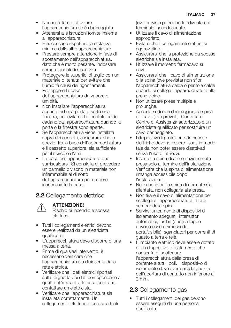 2 collegamento elettrico, 3 collegamento gas | Electrolux EGG7253NOX User Manual | Page 37 / 52