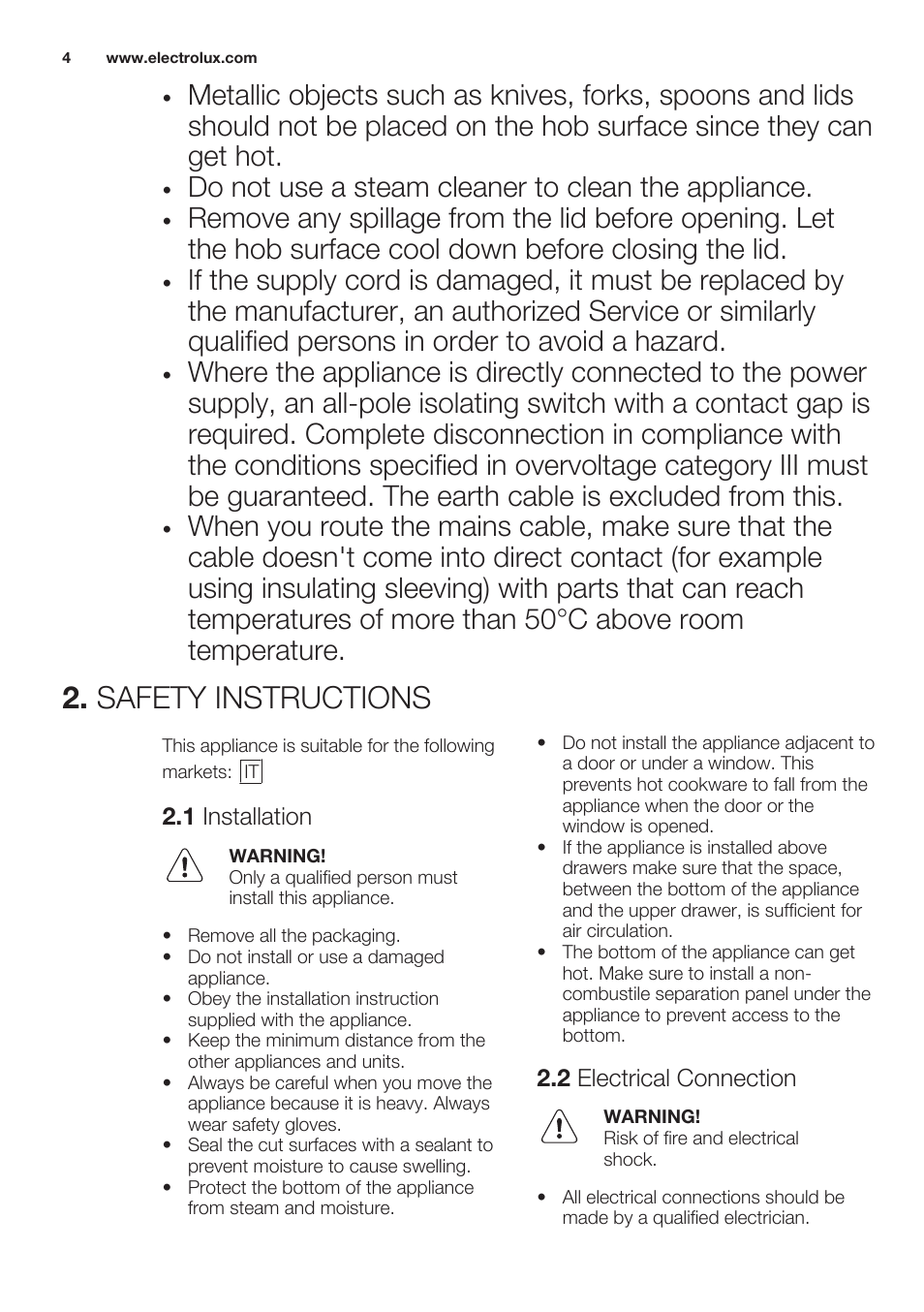 Safety instructions, 1 installation, 2 electrical connection | Do not use a steam cleaner to clean the appliance | Electrolux EGG7253NOX User Manual | Page 4 / 52