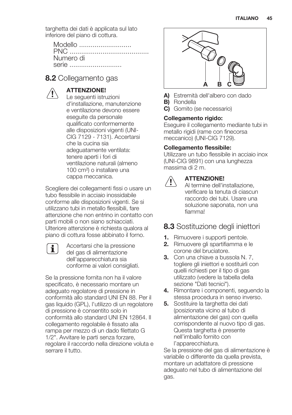 2 collegamento gas, 3 sostituzione degli iniettori | Electrolux EGG7253NOX User Manual | Page 45 / 52
