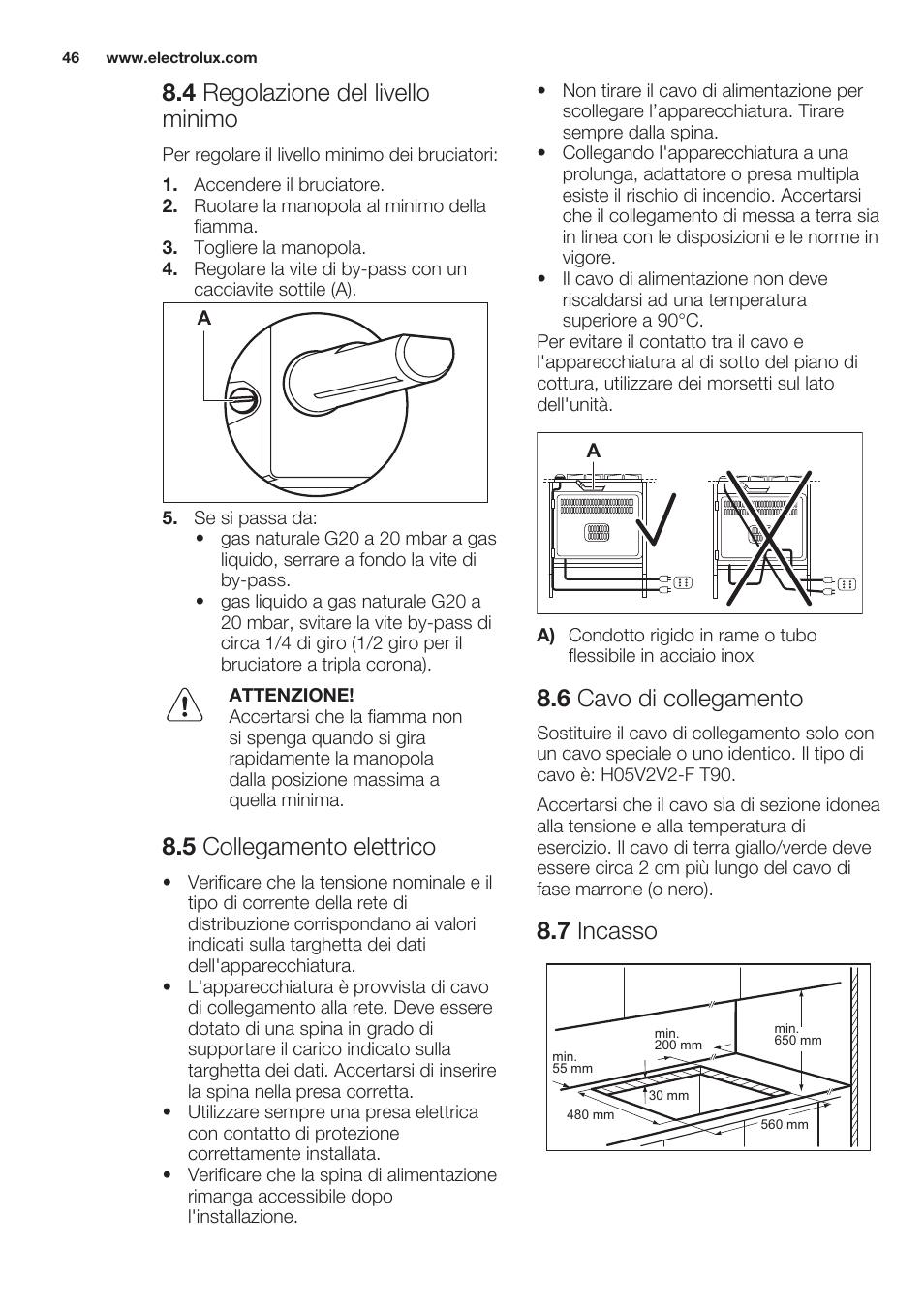 4 regolazione del livello minimo, 5 collegamento elettrico, 6 cavo di collegamento | 7 incasso | Electrolux EGG7253NOX User Manual | Page 46 / 52