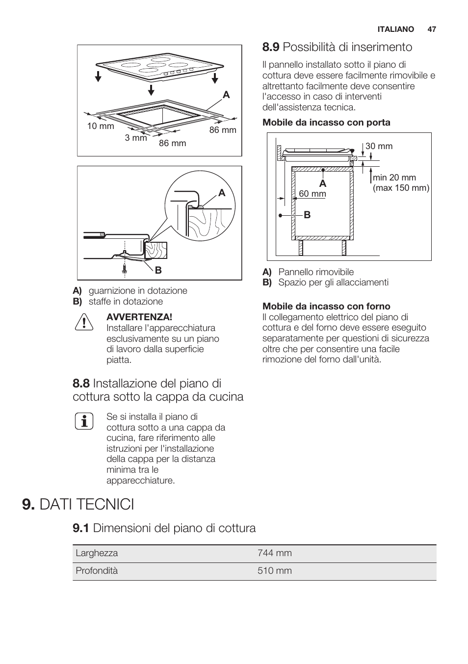 9 possibilità di inserimento, Dati tecnici, 1 dimensioni del piano di cottura | Electrolux EGG7253NOX User Manual | Page 47 / 52