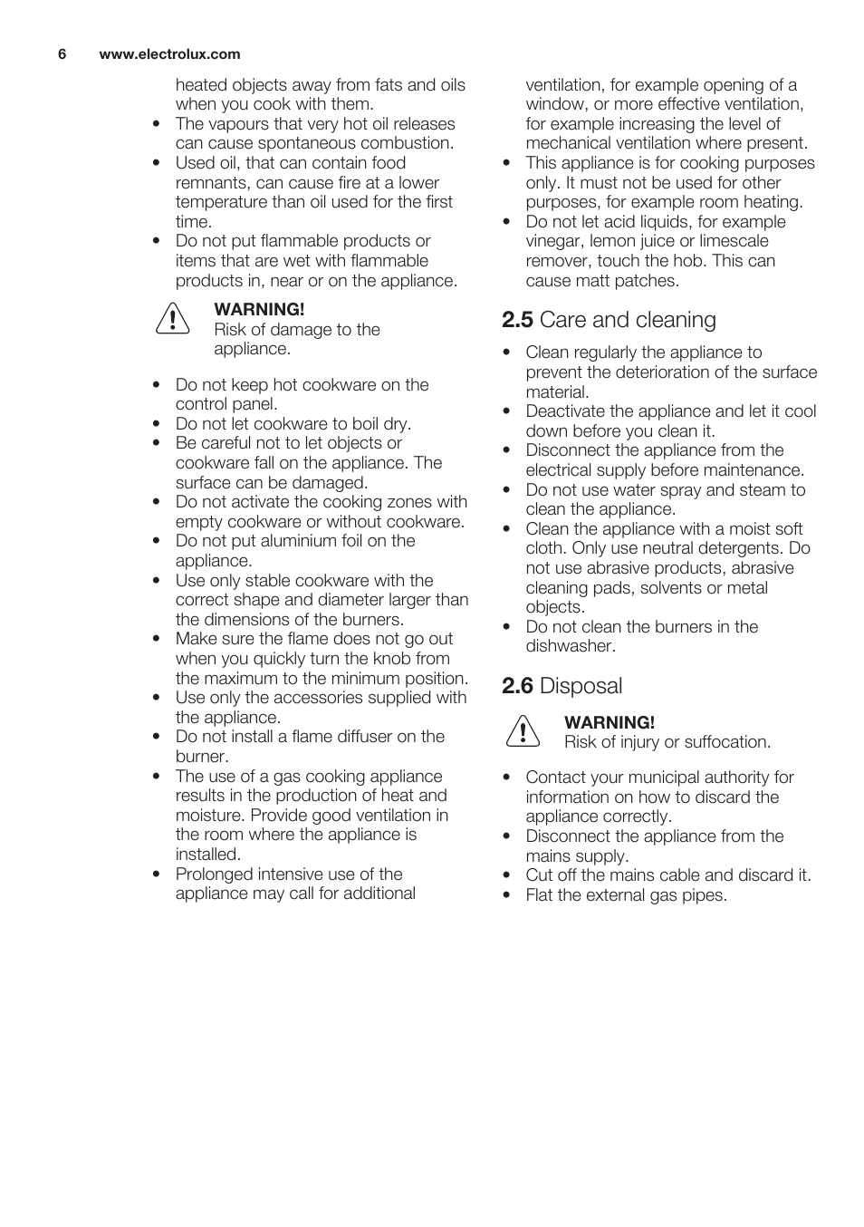 5 care and cleaning, 6 disposal | Electrolux EGG7253NOX User Manual | Page 6 / 52