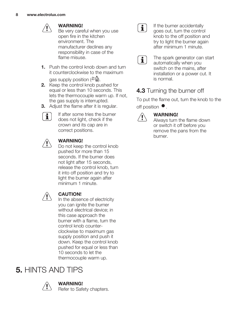 3 turning the burner off, Hints and tips | Electrolux EGG7253NOX User Manual | Page 8 / 52