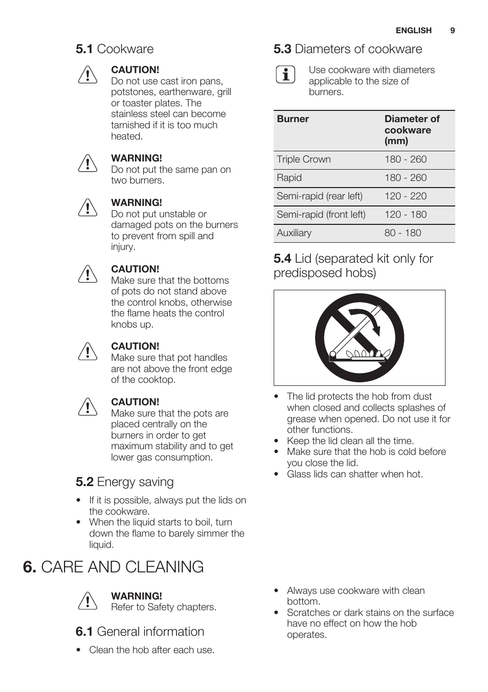 1 cookware, 2 energy saving, 3 diameters of cookware | 4 lid (separated kit only for predisposed hobs), Care and cleaning, 1 general information | Electrolux EGG7253NOX User Manual | Page 9 / 52