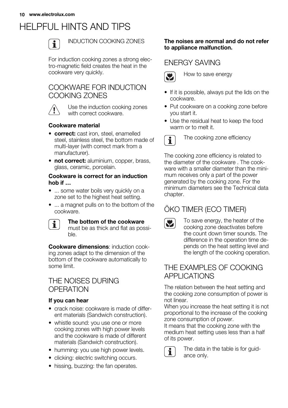 Helpful hints and tips, Cookware for induction cooking zones, The noises during operation | Energy saving, Öko timer (eco timer), The examples of cooking applications | Electrolux EHM6532IOW User Manual | Page 10 / 76