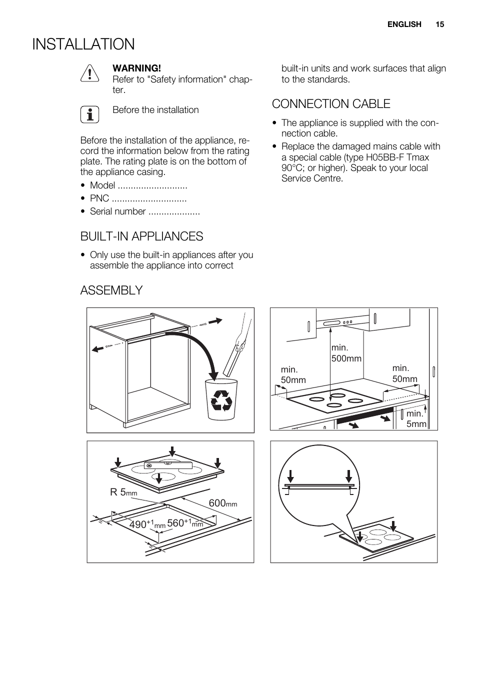 Installation, Built-in appliances, Connection cable | Assembly | Electrolux EHM6532IOW User Manual | Page 15 / 76