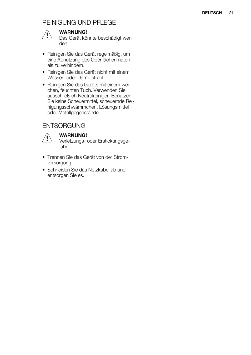 Reinigung und pflege, Entsorgung | Electrolux EHM6532IOW User Manual | Page 21 / 76