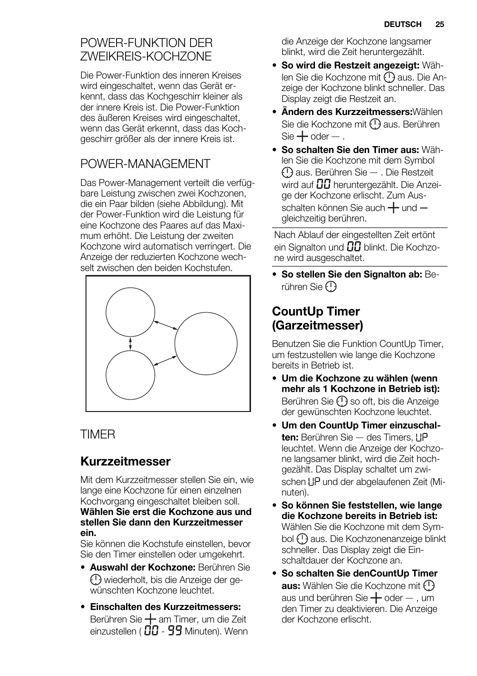 Power-funktion der zweikreis-kochzone, Power-management, Timer kurzzeitmesser | Countup timer (garzeitmesser) | Electrolux EHM6532IOW User Manual | Page 25 / 76