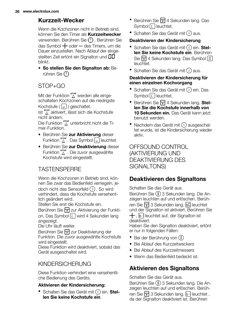 Kurzzeit-wecker, Stop+go, Tastensperre | Kindersicherung, Aktivieren des signaltons | Electrolux EHM6532IOW User Manual | Page 26 / 76