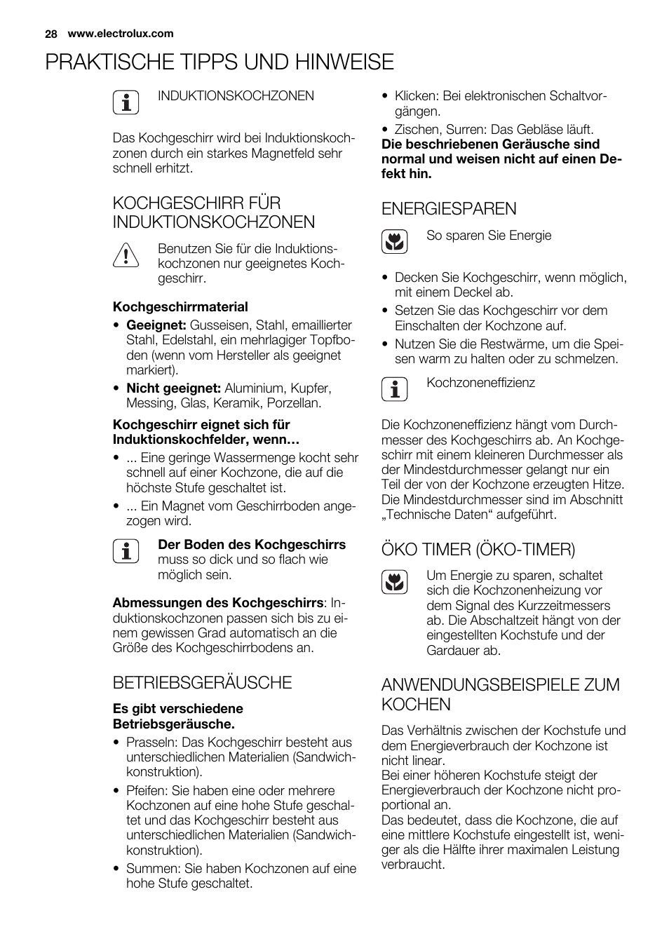 Praktische tipps und hinweise, Kochgeschirr für induktionskochzonen, Betriebsgeräusche | Energiesparen, Öko timer (öko-timer), Anwendungsbeispiele zum kochen | Electrolux EHM6532IOW User Manual | Page 28 / 76