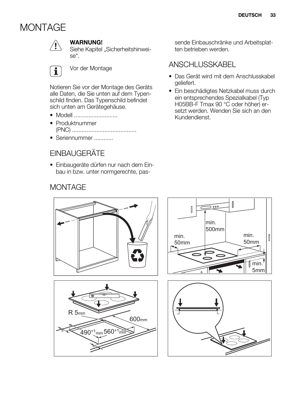 Montage, Einbaugeräte, Anschlusskabel | Electrolux EHM6532IOW User Manual | Page 33 / 76