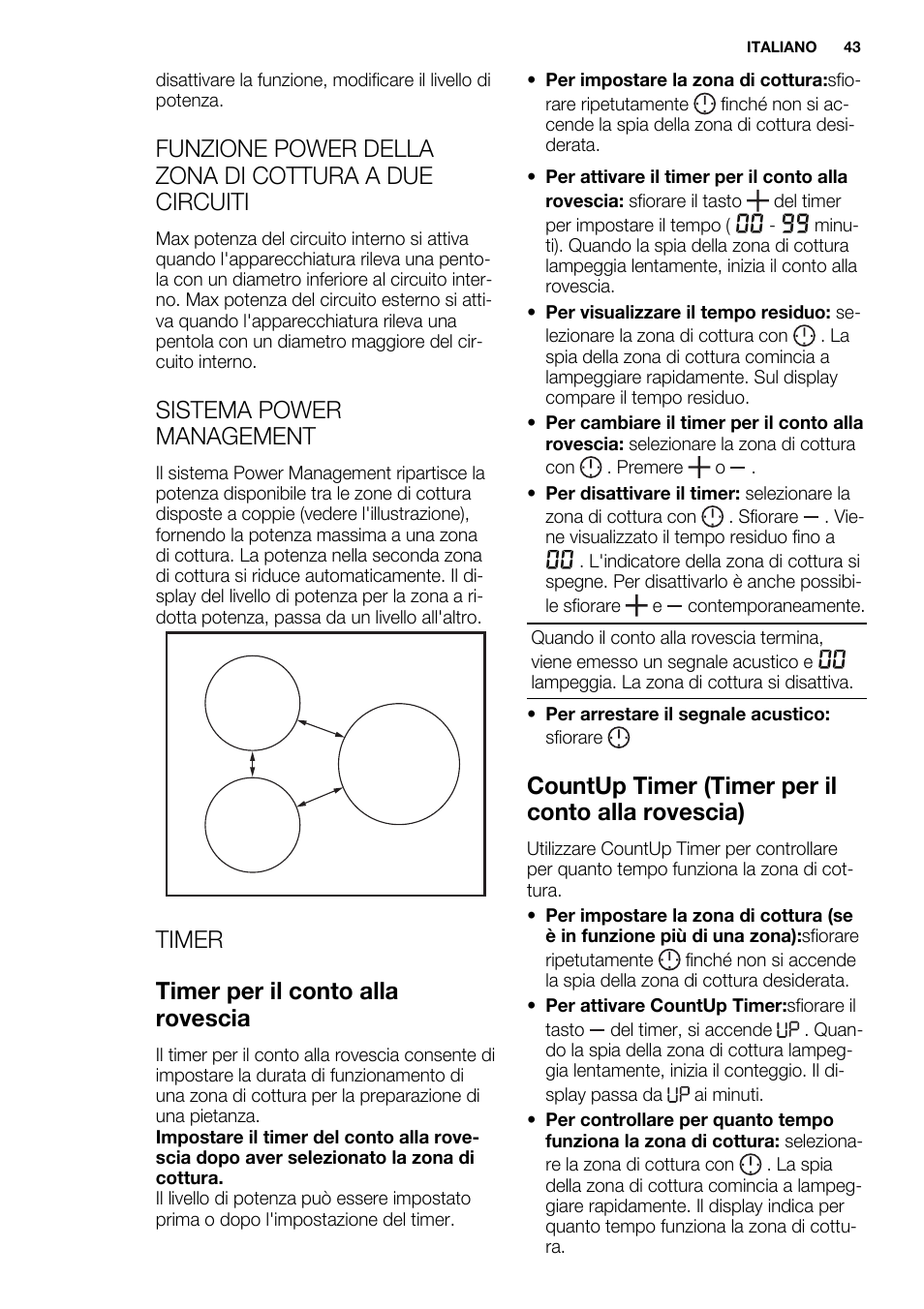 Sistema power management, Timer timer per il conto alla rovescia, Countup timer (timer per il conto alla rovescia) | Electrolux EHM6532IOW User Manual | Page 43 / 76