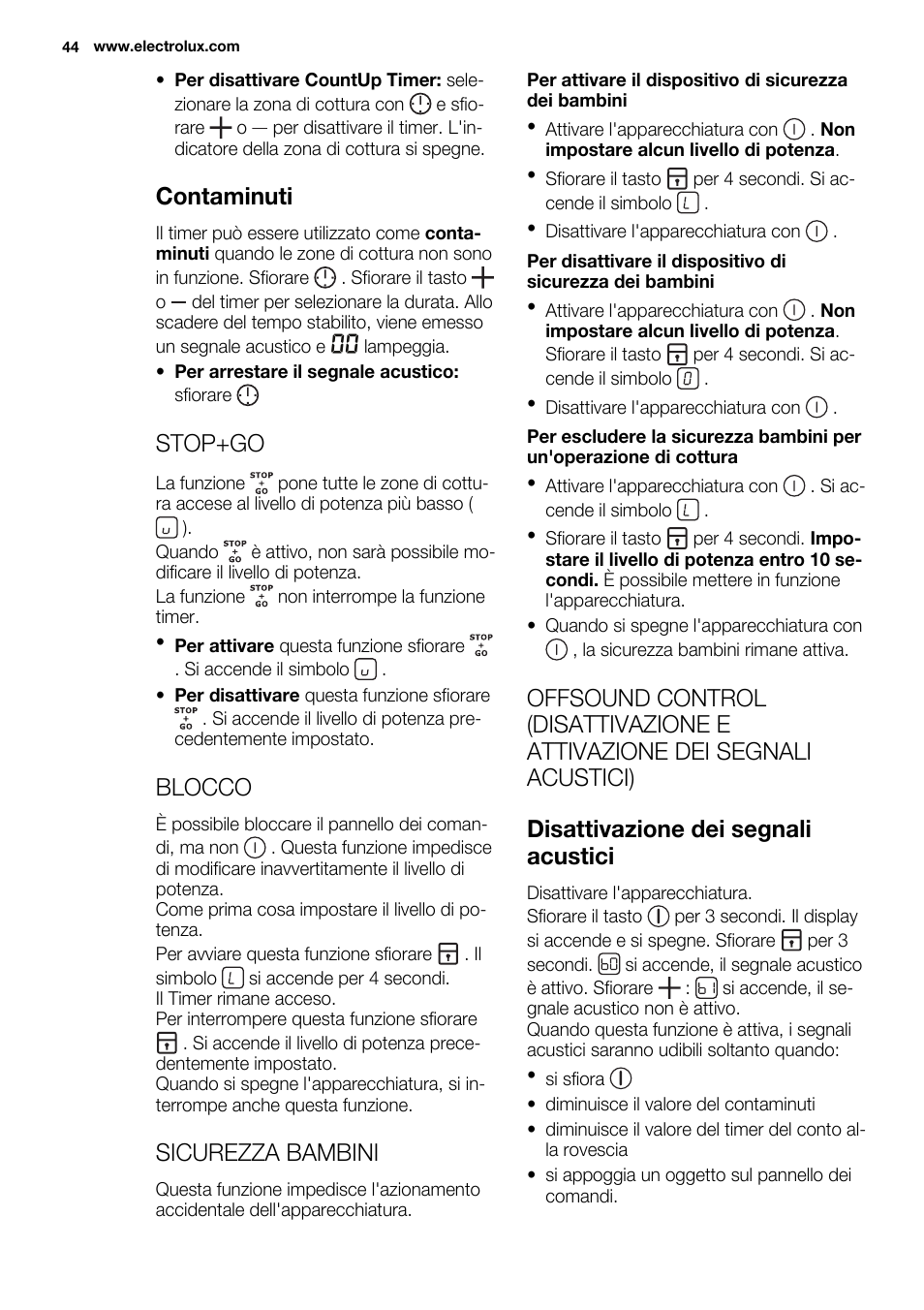 Contaminuti, Stop+go, Blocco | Sicurezza bambini | Electrolux EHM6532IOW User Manual | Page 44 / 76