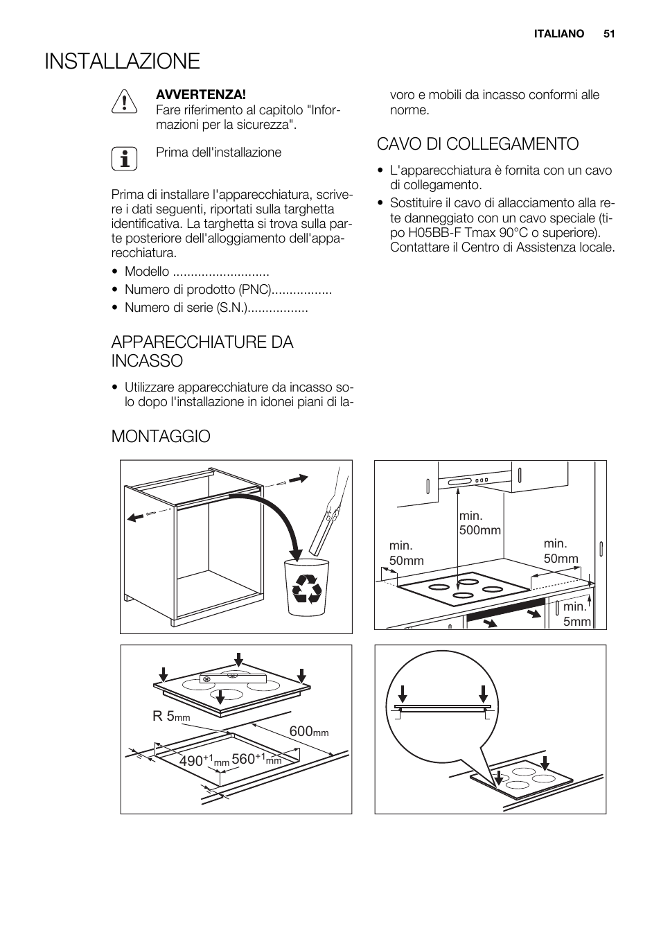 Installazione, Apparecchiature da incasso, Cavo di collegamento | Montaggio | Electrolux EHM6532IOW User Manual | Page 51 / 76