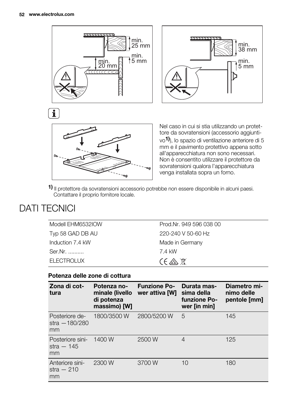 Dati tecnici | Electrolux EHM6532IOW User Manual | Page 52 / 76