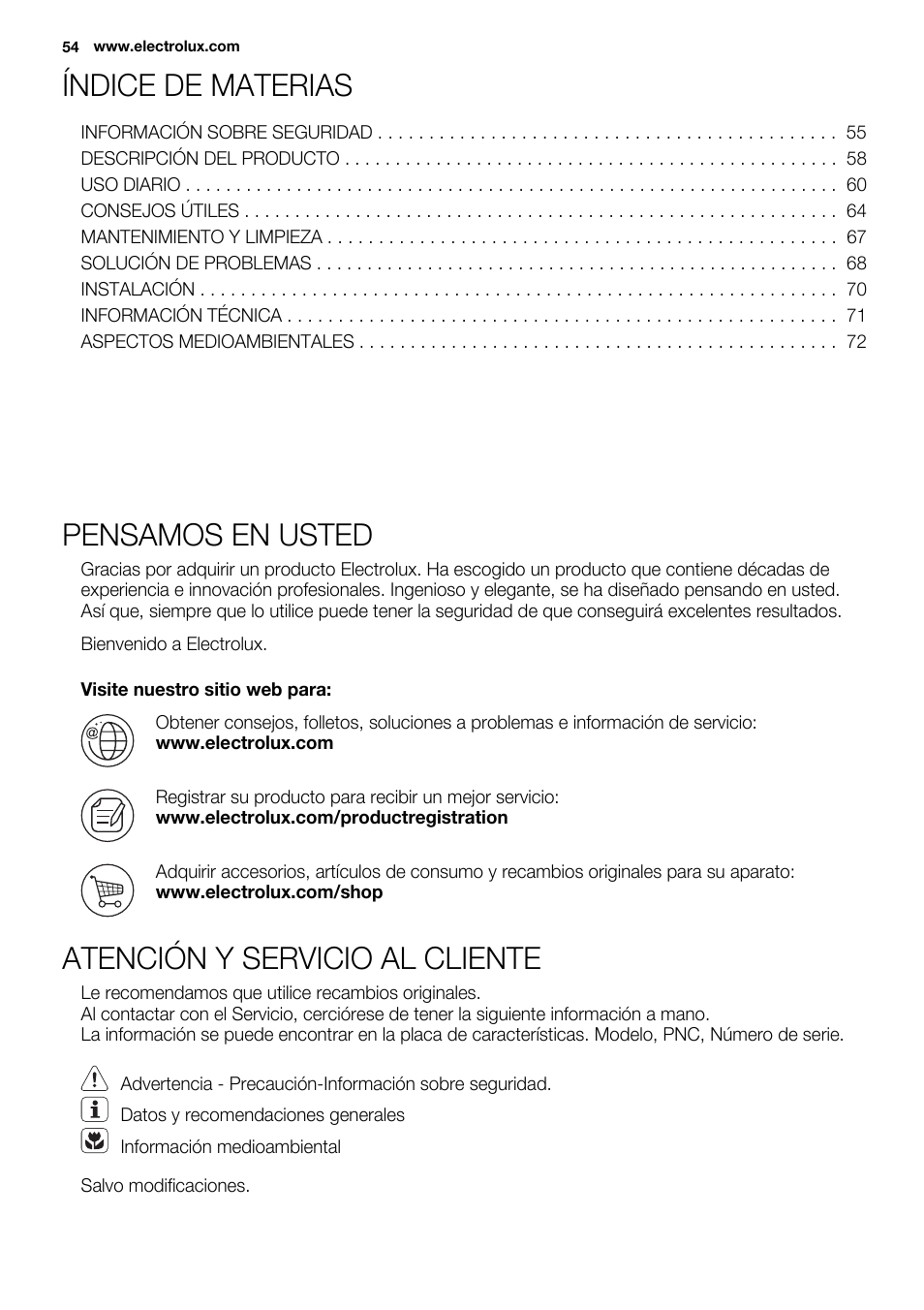 Índice de materias, Pensamos en usted, Atención y servicio al cliente | Electrolux EHM6532IOW User Manual | Page 54 / 76