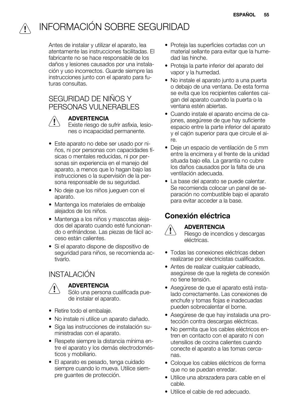 Información sobre seguridad, Seguridad de niños y personas vulnerables, Instalación | Conexión eléctrica | Electrolux EHM6532IOW User Manual | Page 55 / 76