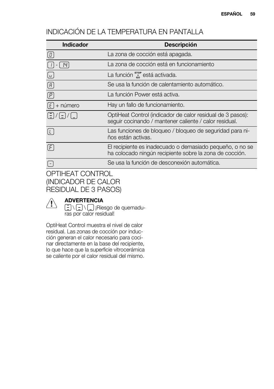 Indicación de la temperatura en pantalla | Electrolux EHM6532IOW User Manual | Page 59 / 76