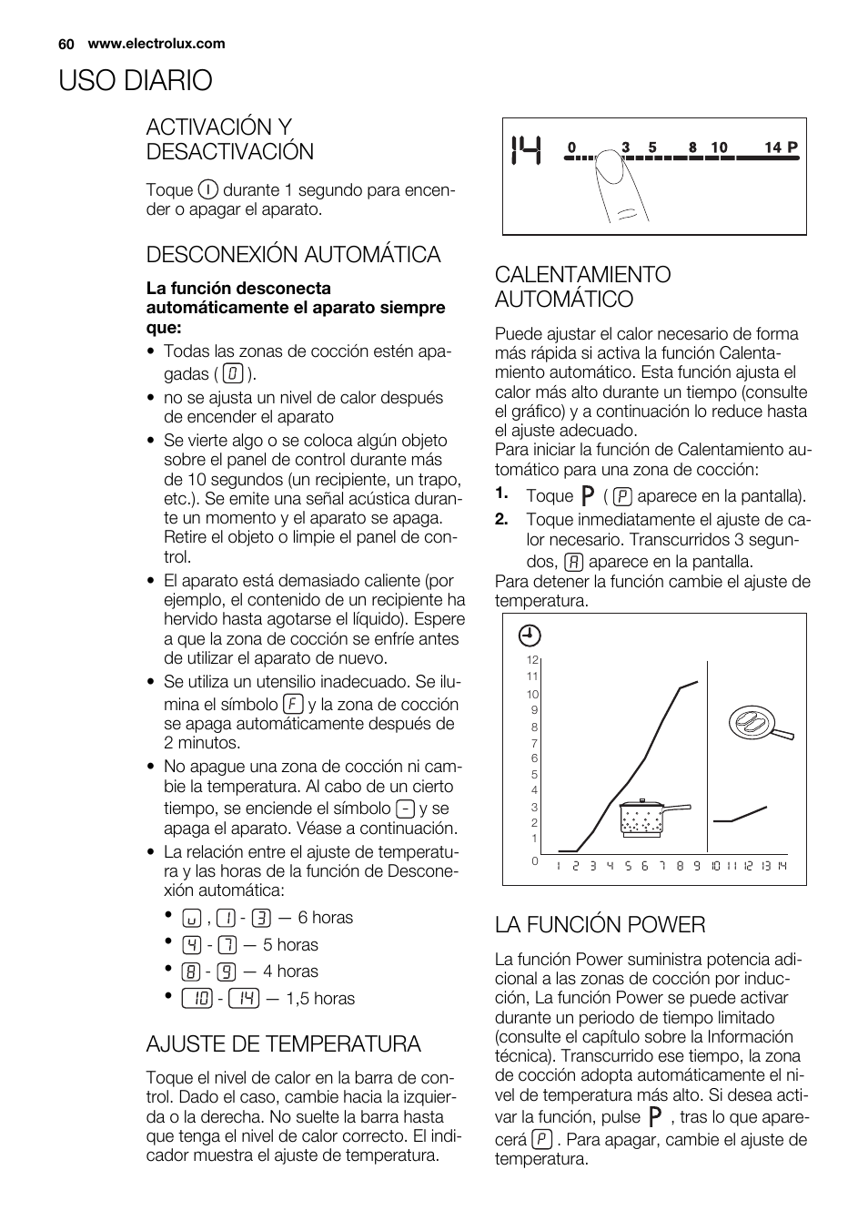 Uso diario, Activación y desactivación, Desconexión automática | Ajuste de temperatura, Calentamiento automático, La función power | Electrolux EHM6532IOW User Manual | Page 60 / 76