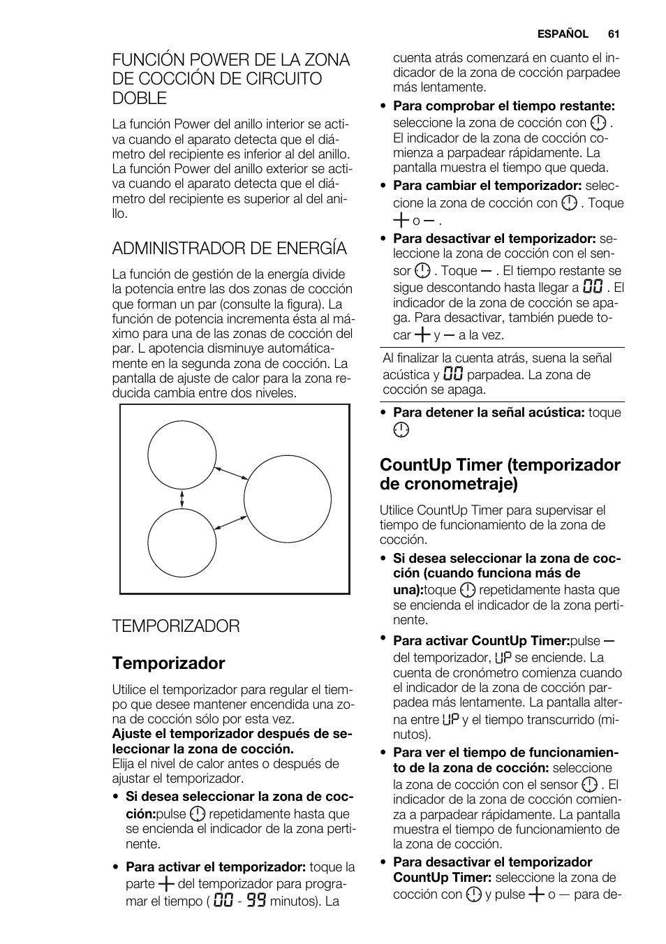 Administrador de energía, Temporizador temporizador, Countup timer (temporizador de cronometraje) | Electrolux EHM6532IOW User Manual | Page 61 / 76