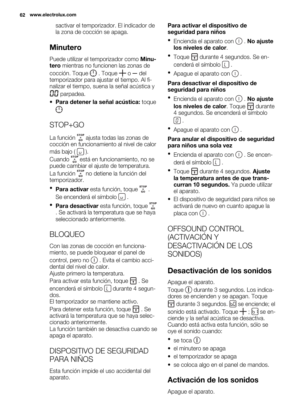 Minutero, Stop+go, Bloqueo | Dispositivo de seguridad para niños, Activación de los sonidos | Electrolux EHM6532IOW User Manual | Page 62 / 76