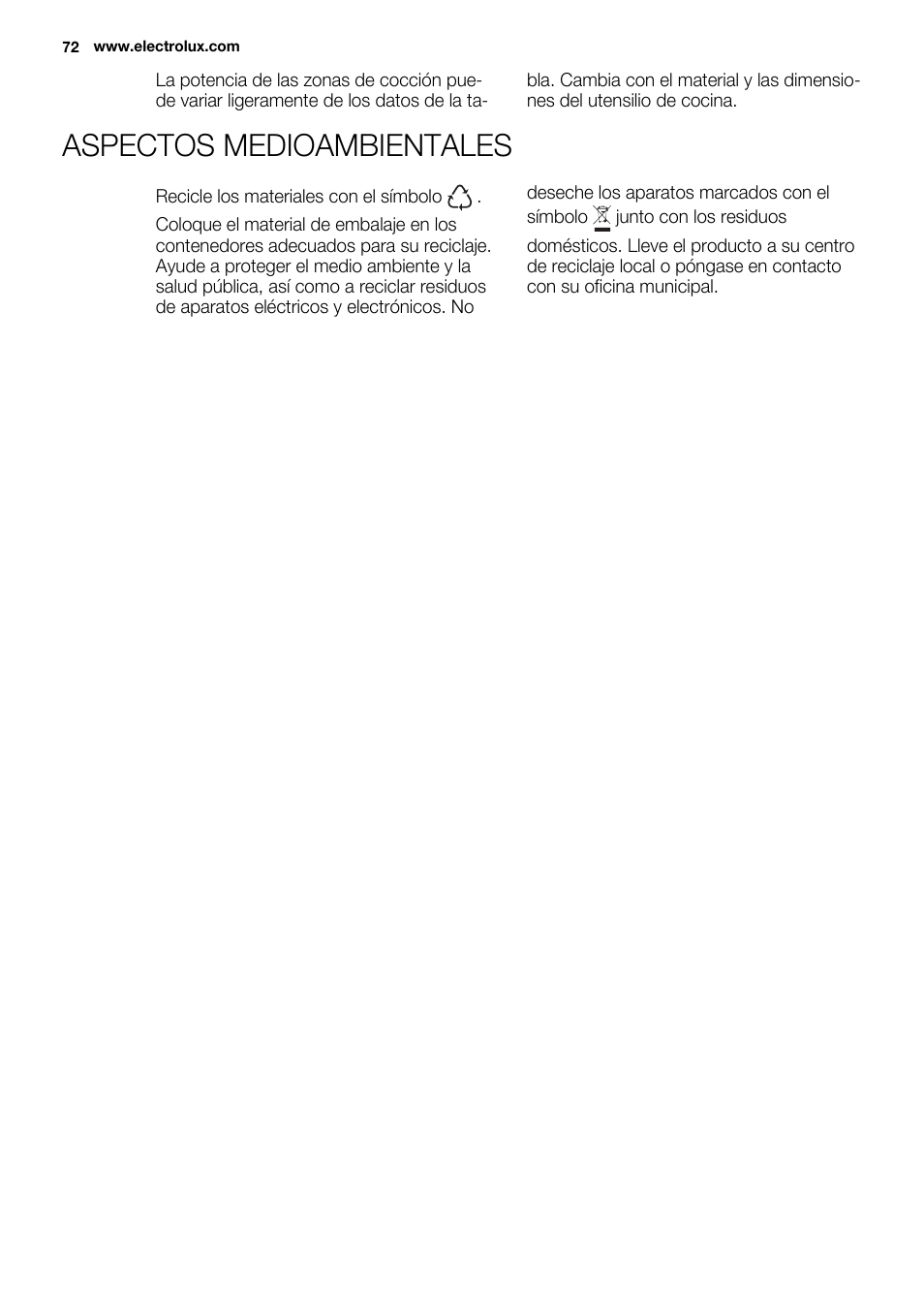 Aspectos medioambientales | Electrolux EHM6532IOW User Manual | Page 72 / 76