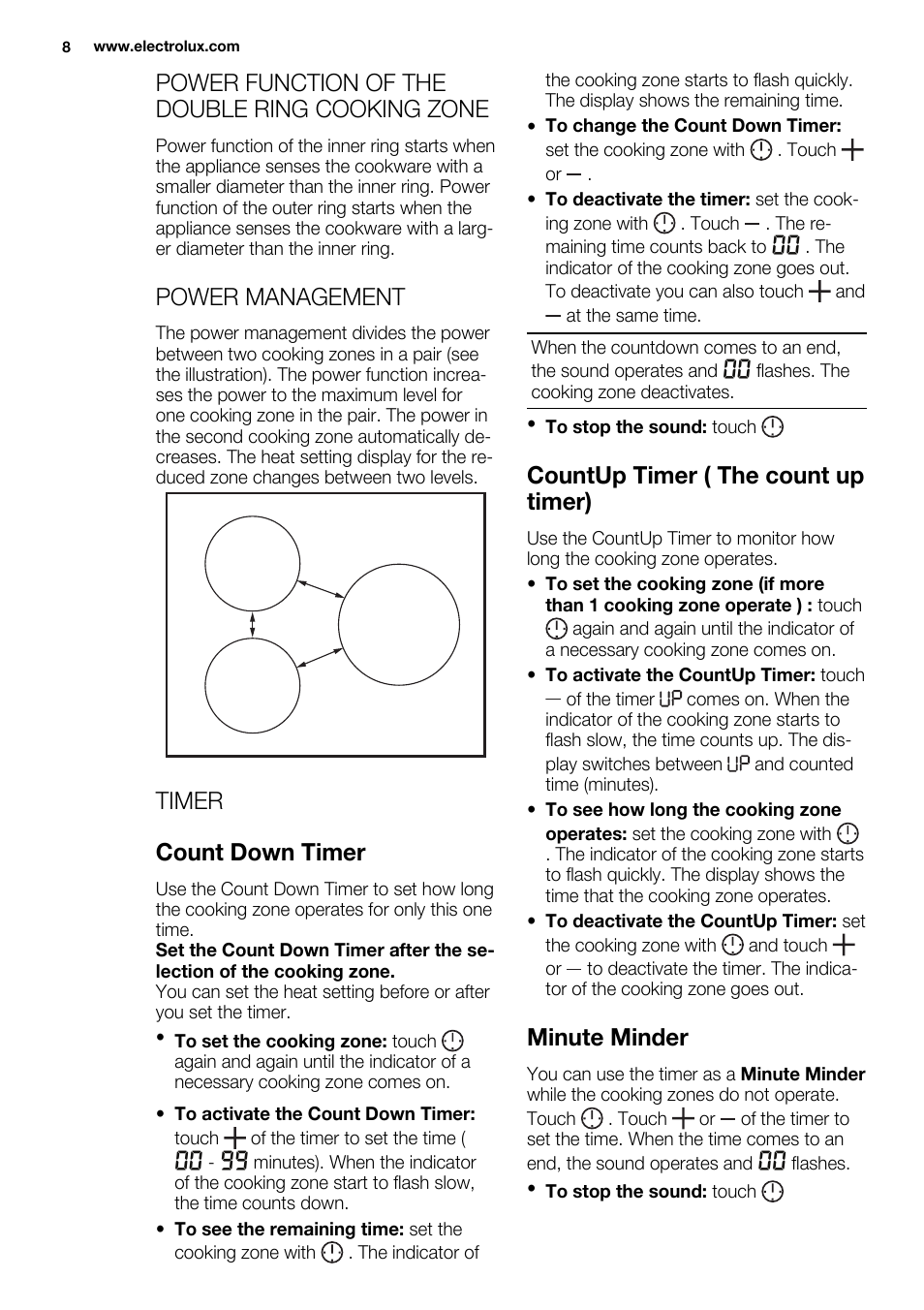 Power function of the double ring cooking zone, Power management, Timer count down timer | Countup timer ( the count up timer), Minute minder | Electrolux EHM6532IOW User Manual | Page 8 / 76