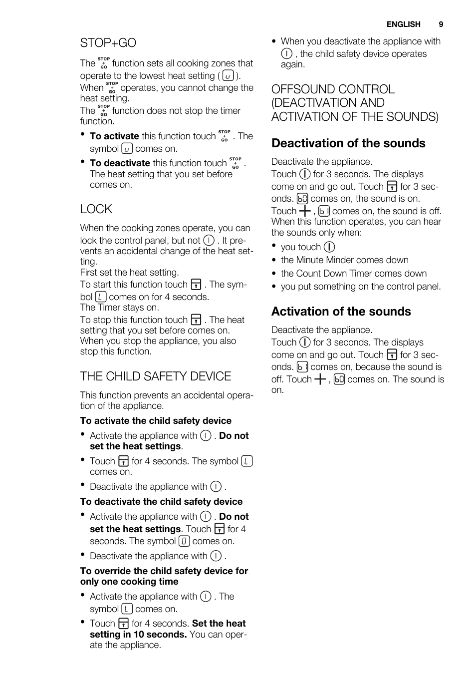 Stop+go, Lock, The child safety device | Activation of the sounds | Electrolux EHM6532IOW User Manual | Page 9 / 76