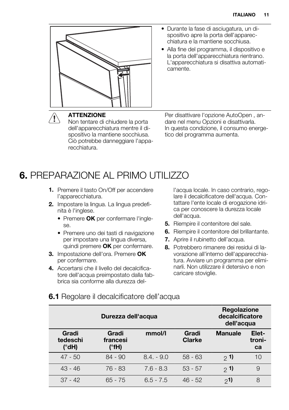 Preparazione al primo utilizzo, 1 regolare il decalcificatore dell’acqua | Electrolux ESL6810RA User Manual | Page 11 / 76