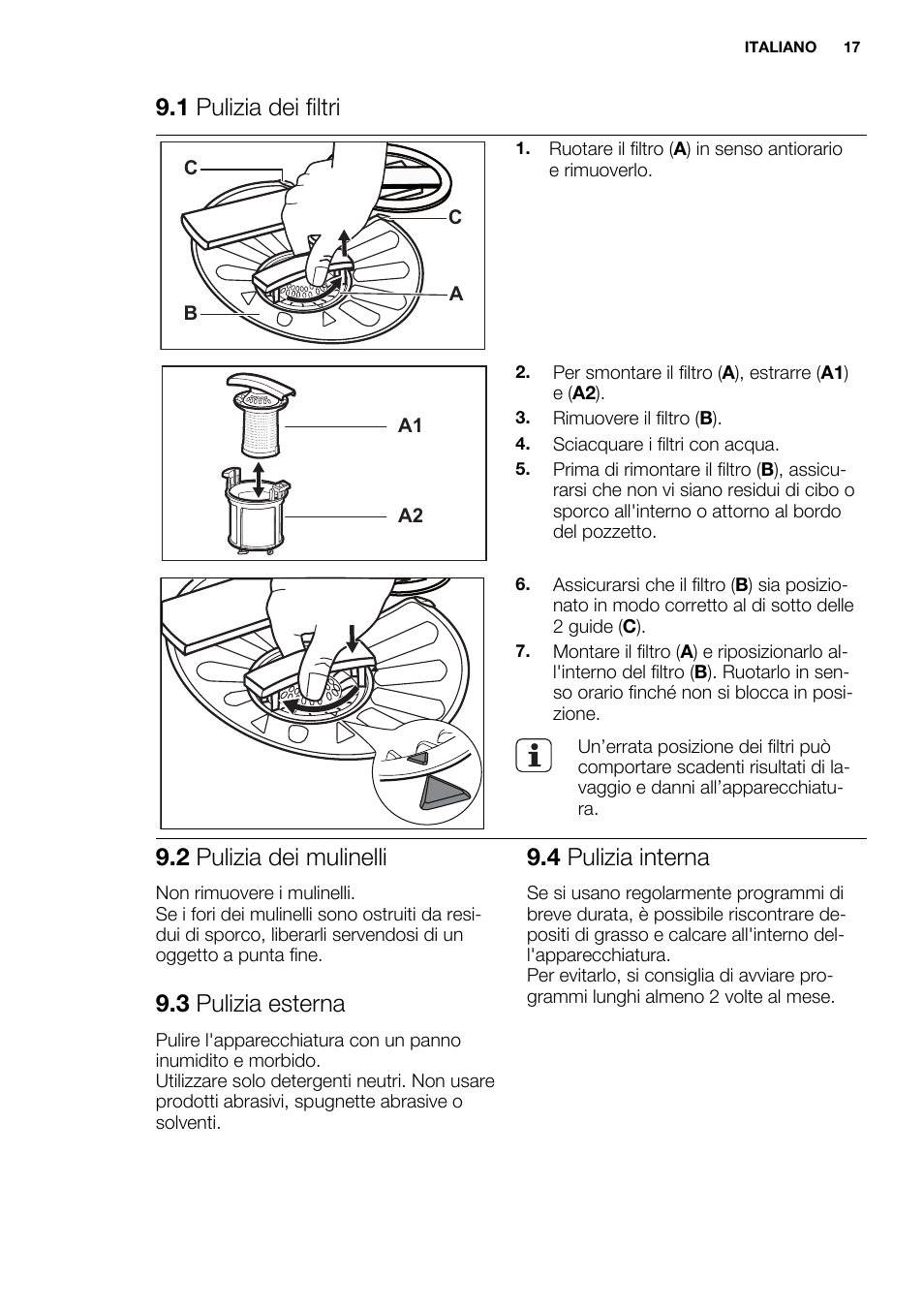 1 pulizia dei filtri, 2 pulizia dei mulinelli, 3 pulizia esterna | 4 pulizia interna | Electrolux ESL6810RA User Manual | Page 17 / 76