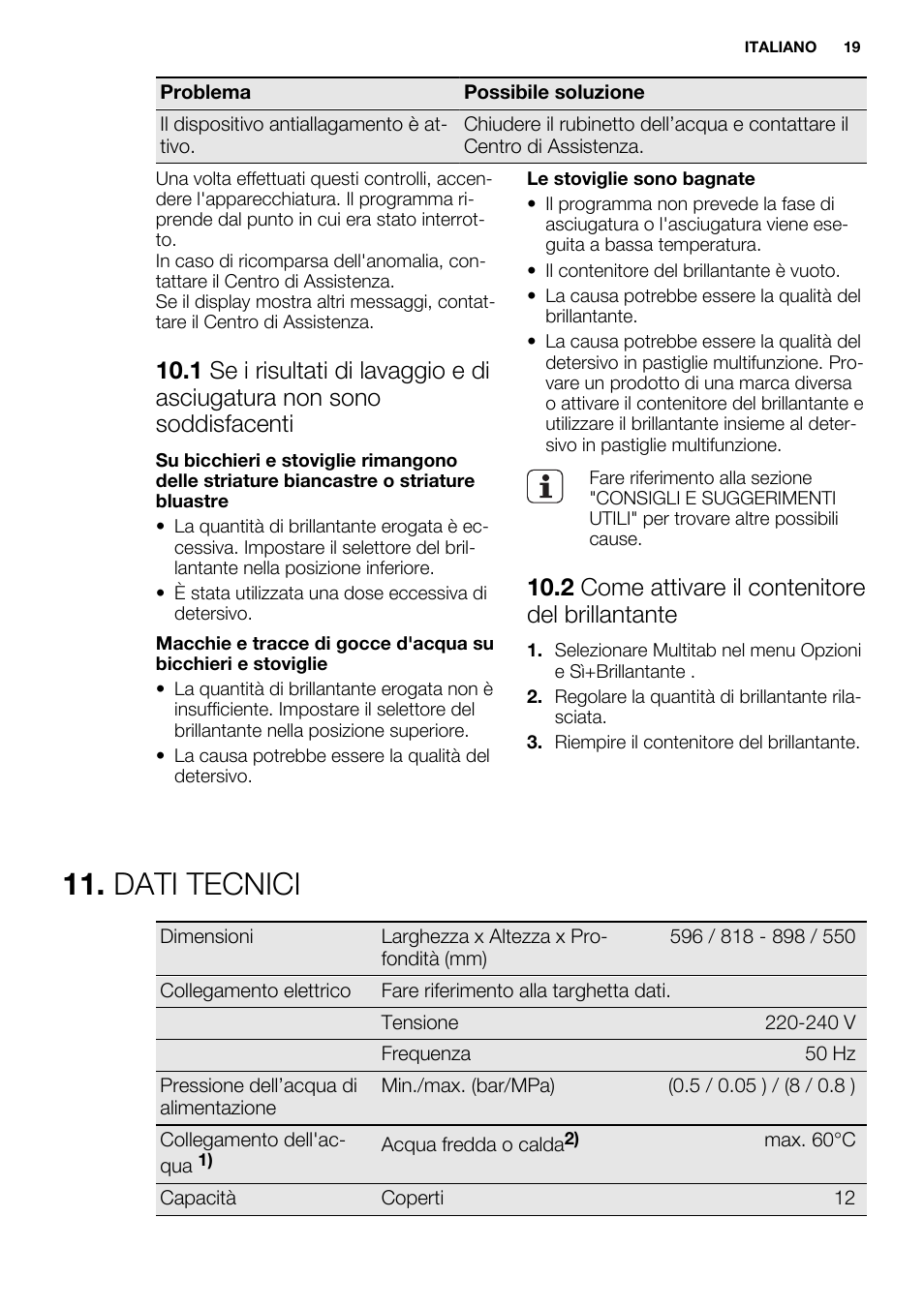 Dati tecnici, 2 come attivare il contenitore del brillantante | Electrolux ESL6810RA User Manual | Page 19 / 76