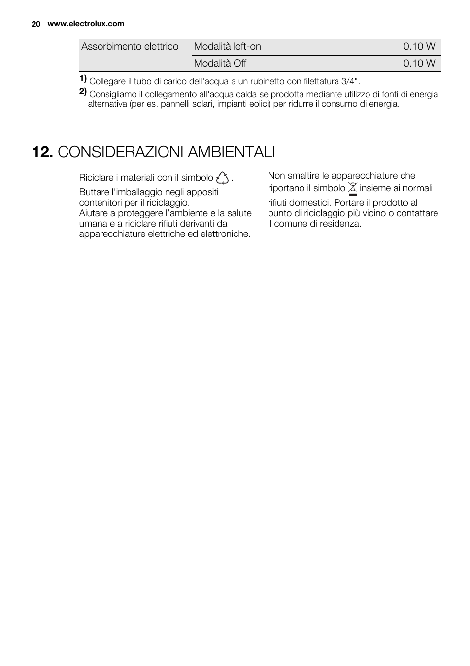 Considerazioni ambientali | Electrolux ESL6810RA User Manual | Page 20 / 76