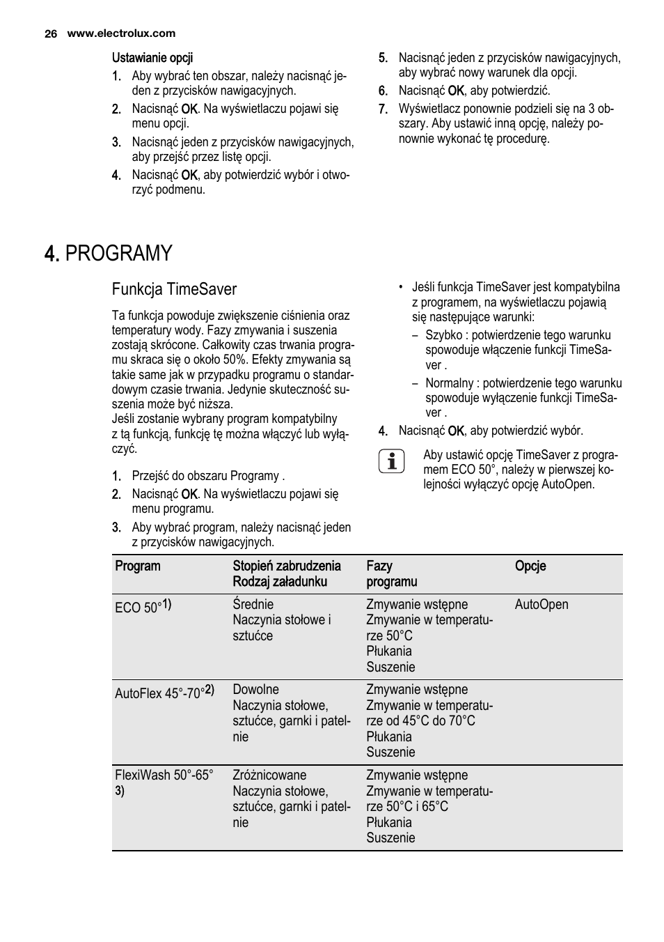 Programy, Funkcja timesaver | Electrolux ESL6810RA User Manual | Page 26 / 76