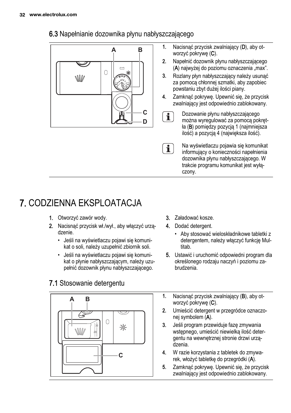 Codzienna eksploatacja, 3 napełnianie dozownika płynu nabłyszczającego, 1 stosowanie detergentu | Electrolux ESL6810RA User Manual | Page 32 / 76
