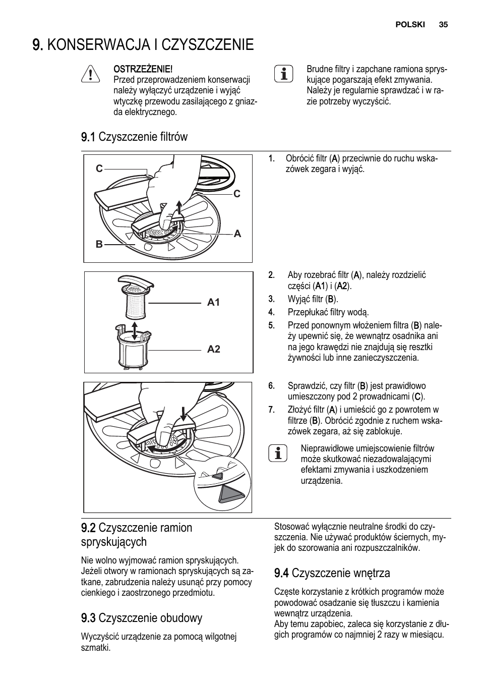 Konserwacja i czyszczenie, 1 czyszczenie filtrów, 2 czyszczenie ramion spryskujących | 3 czyszczenie obudowy, 4 czyszczenie wnętrza | Electrolux ESL6810RA User Manual | Page 35 / 76