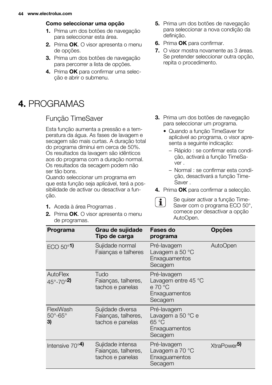 Programas, Função timesaver | Electrolux ESL6810RA User Manual | Page 44 / 76