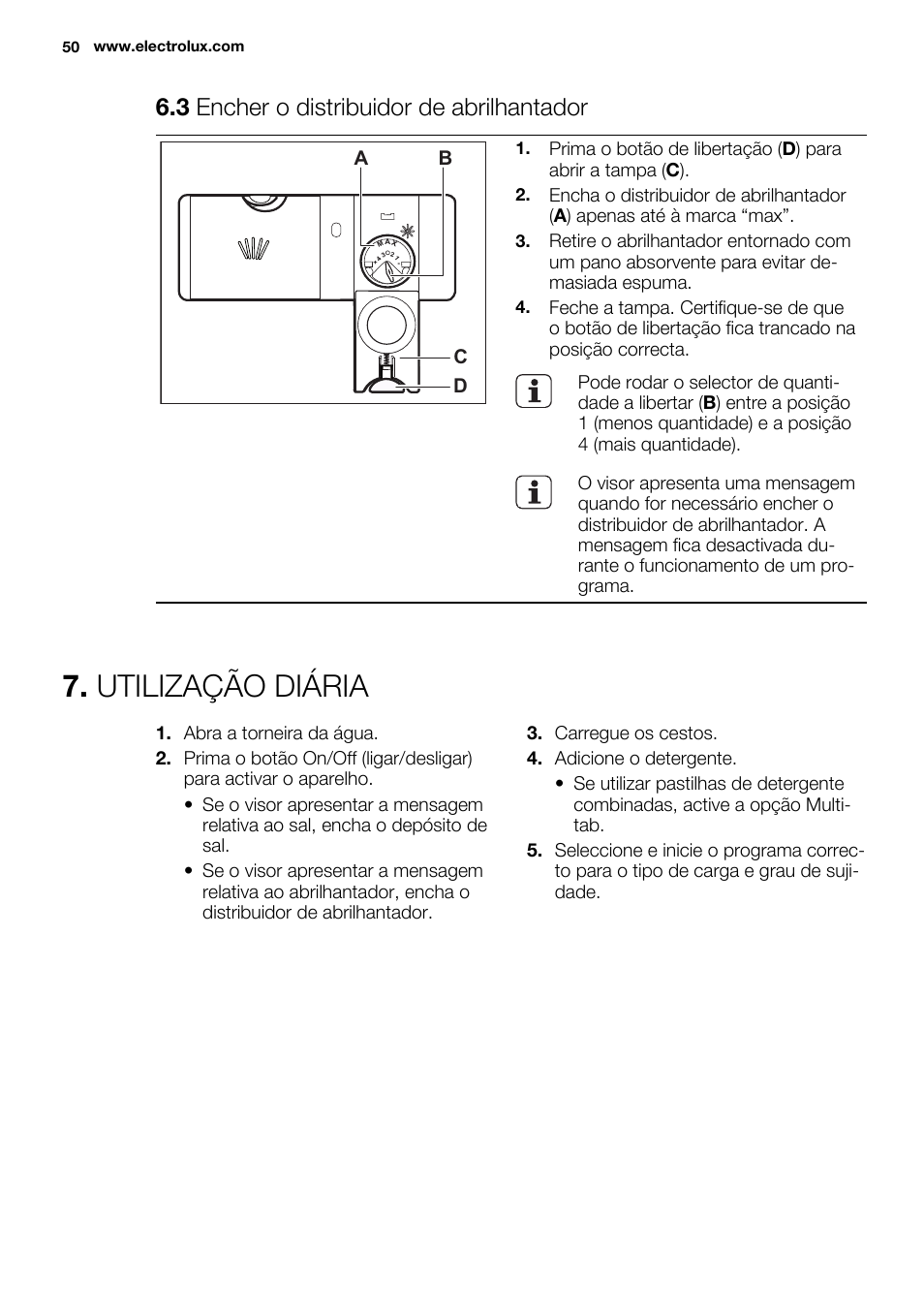 Utilização diária, 3 encher o distribuidor de abrilhantador | Electrolux ESL6810RA User Manual | Page 50 / 76