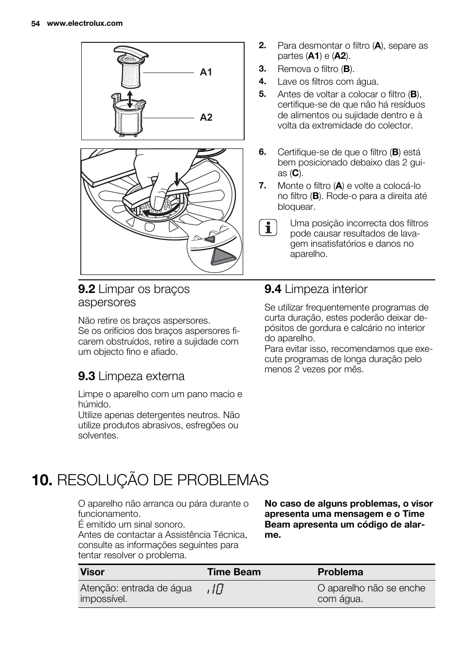 Resolução de problemas, 2 limpar os braços aspersores, 3 limpeza externa | 4 limpeza interior | Electrolux ESL6810RA User Manual | Page 54 / 76