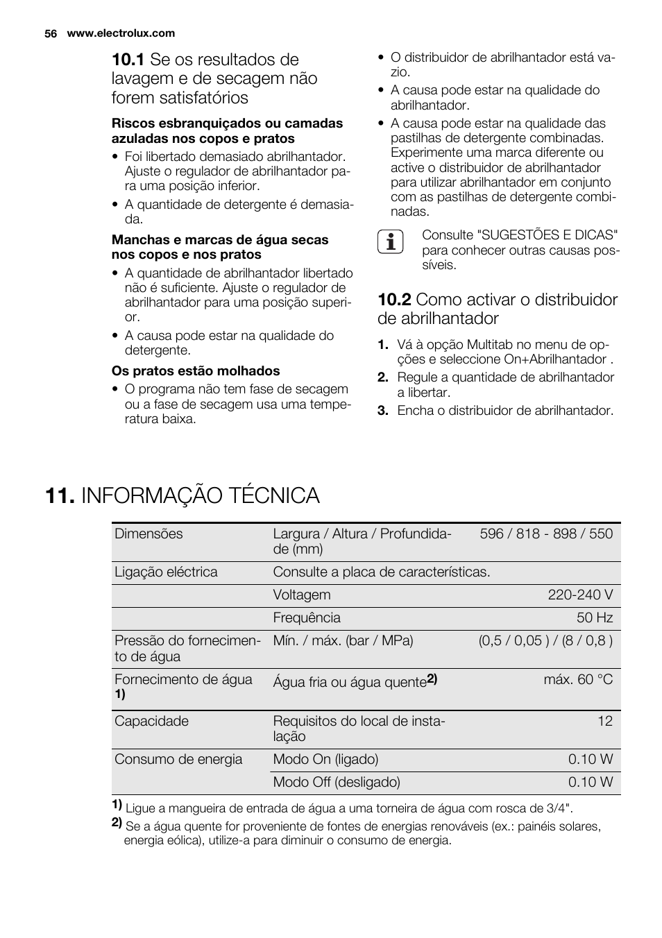 Informação técnica, 2 como activar o distribuidor de abrilhantador | Electrolux ESL6810RA User Manual | Page 56 / 76