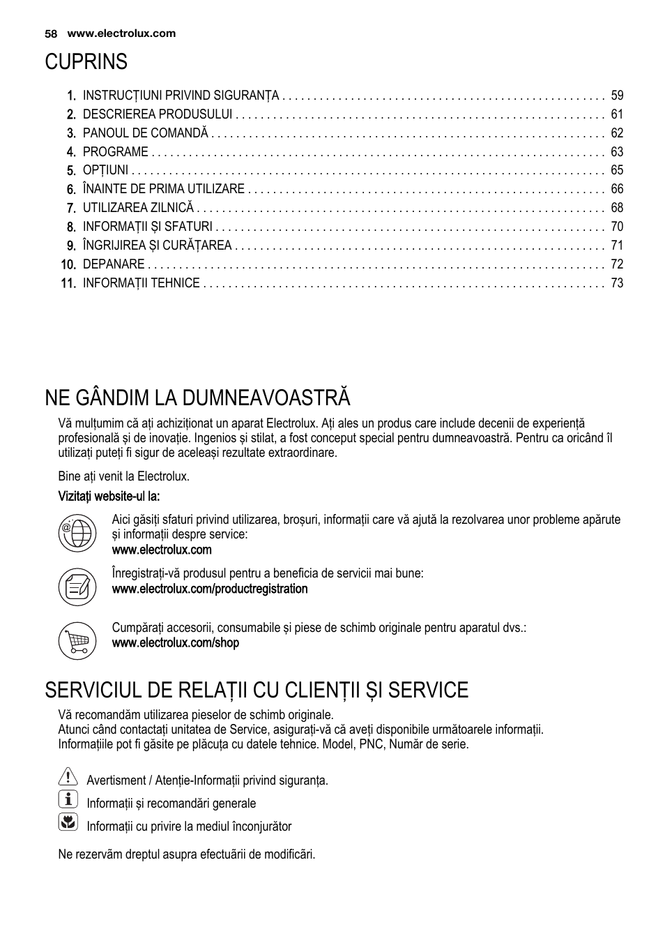 Cuprins, Ne gândim la dumneavoastră, Serviciul de relaţii cu clienţii şi service | Electrolux ESL6810RA User Manual | Page 58 / 76