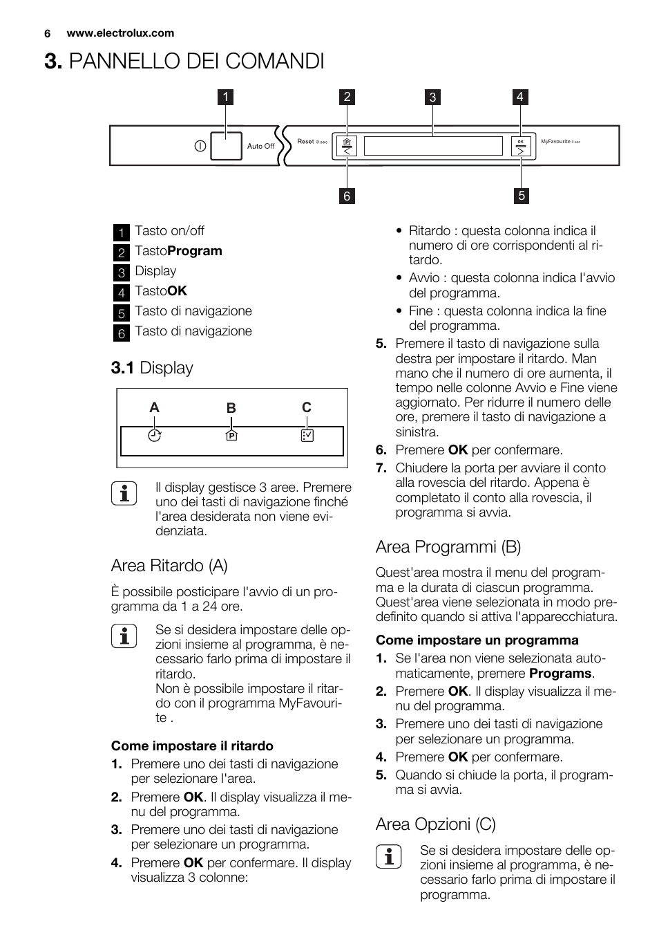 Pannello dei comandi, 1 display, Area ritardo (a) | Area programmi (b), Area opzioni (c) | Electrolux ESL6810RA User Manual | Page 6 / 76