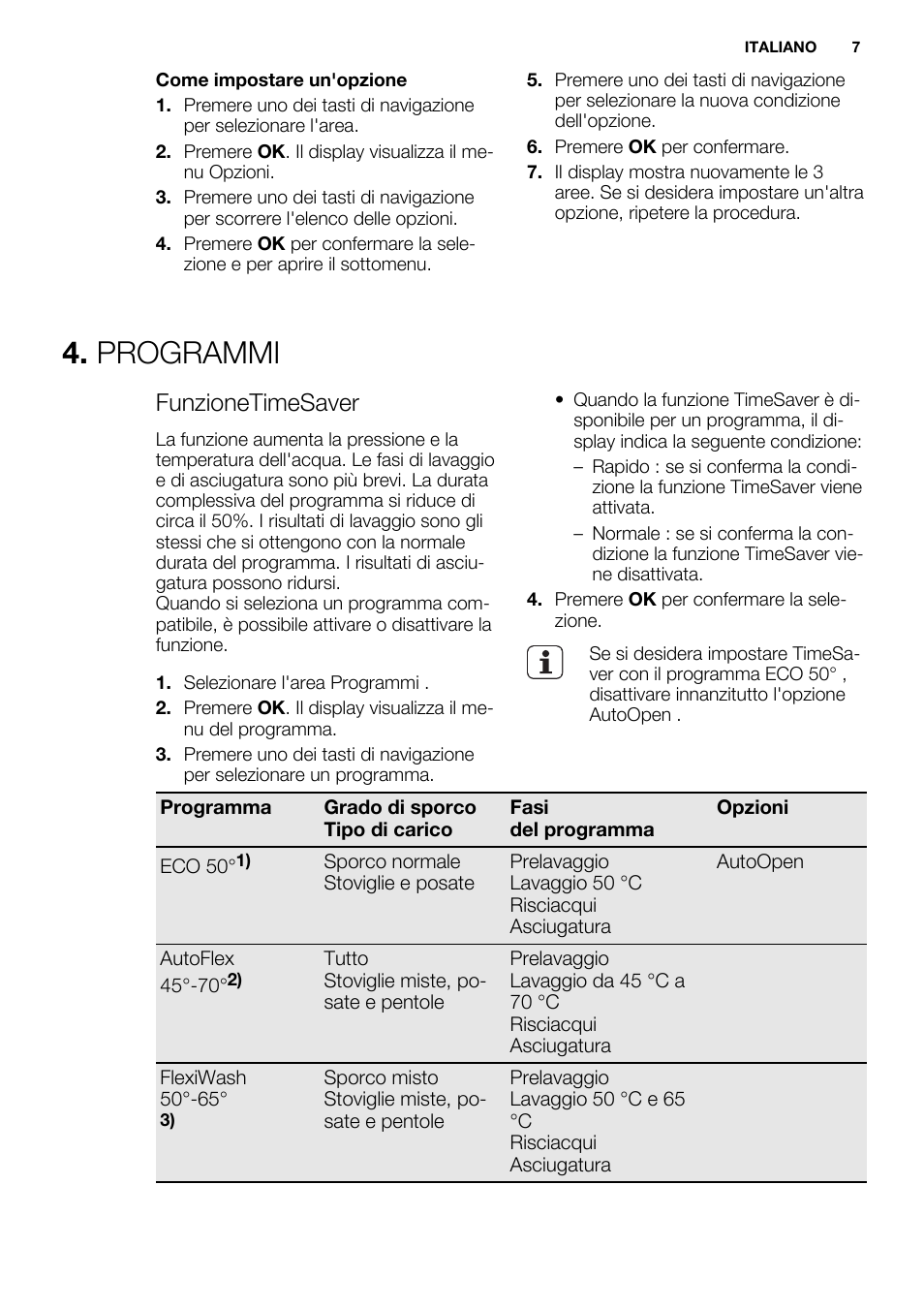 Programmi, Funzionetimesaver | Electrolux ESL6810RA User Manual | Page 7 / 76