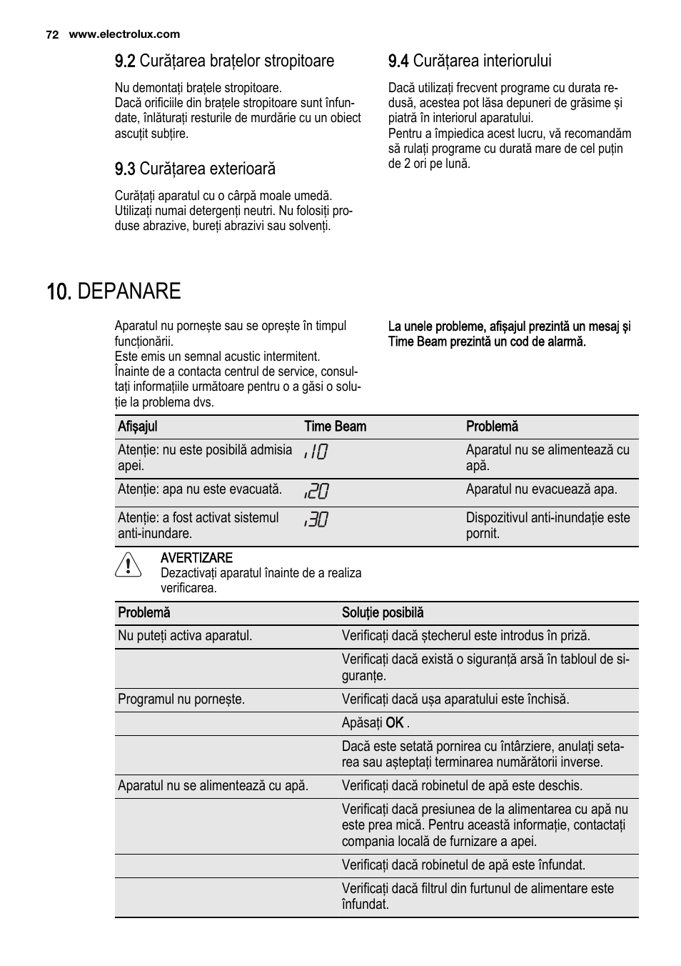 Depanare, 2 curăţarea braţelor stropitoare, 3 curăţarea exterioară | 4 curăţarea interiorului | Electrolux ESL6810RA User Manual | Page 72 / 76