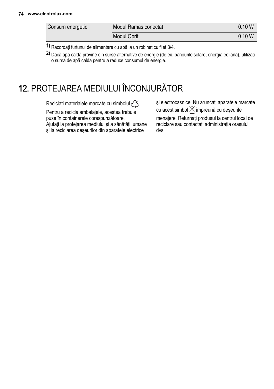 Protejarea mediului înconjurător | Electrolux ESL6810RA User Manual | Page 74 / 76