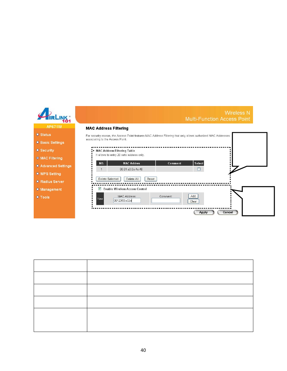 6 set up mac filtering | Airlink101 Airlik 101 N300 User Manual | Page 41 / 56