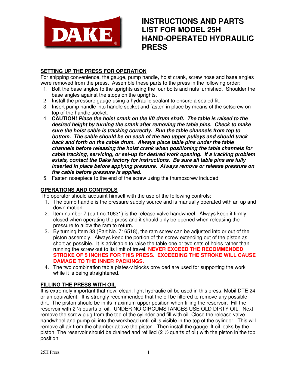 Dake Model 25H - 907001 User Manual | 6 pages