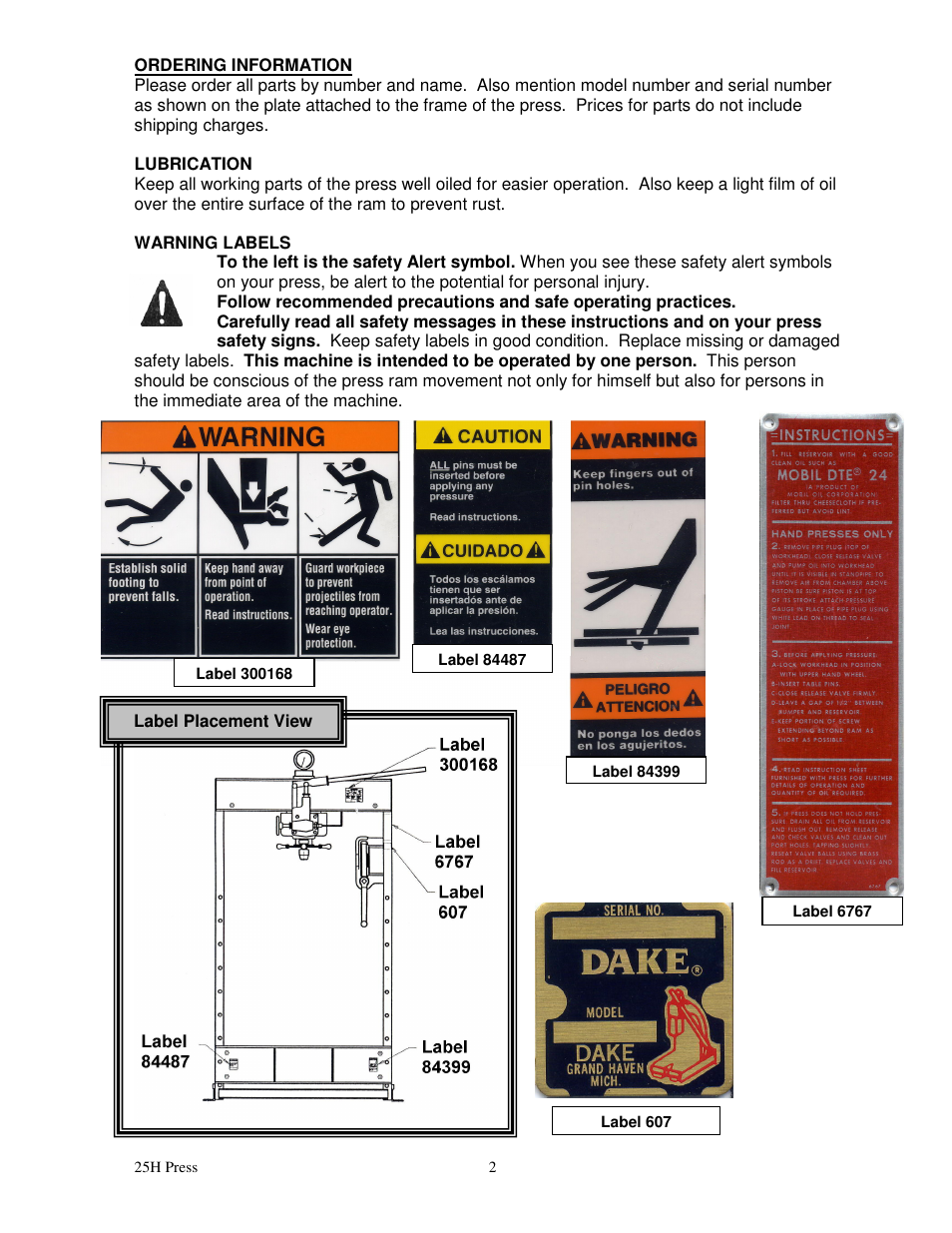 Dake Model 25H - 907001 User Manual | Page 2 / 6